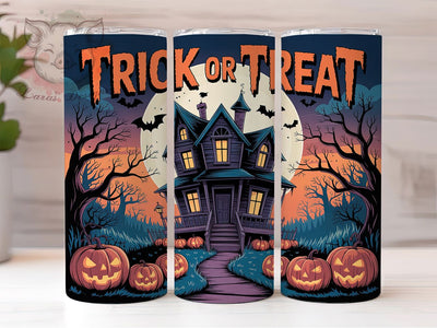 Spooky Haunted Trick or Treat Tumbler, Haunted House, Flying Witch, 20Oz Tumbler, Sublimation Design, Halloween Night, Spooky Vibes Sublimation Lara' s Designs 