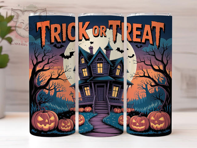 Spooky Haunted Trick or Treat Tumbler, Haunted House, Flying Witch, 20Oz Tumbler, Sublimation Design, Halloween Night, Spooky Vibes Sublimation Lara' s Designs 
