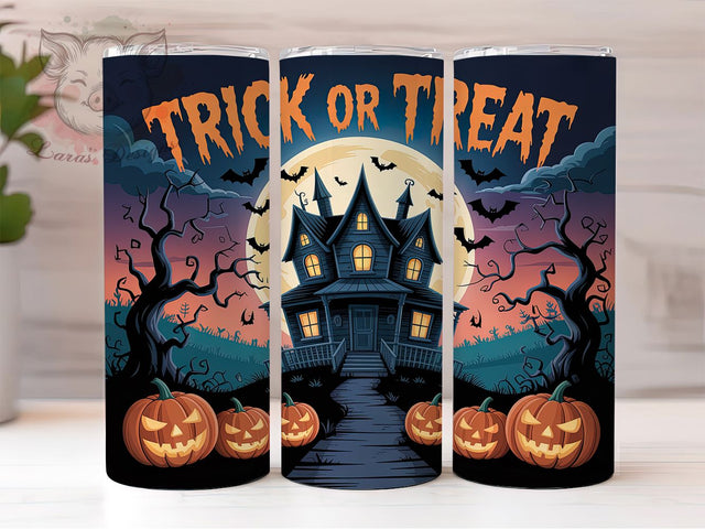 Spooky Haunted Trick or Treat Tumbler, Haunted House, Flying Witch, 20Oz Tumbler, Sublimation Design, Halloween Night, Spooky Vibes Sublimation Lara' s Designs 