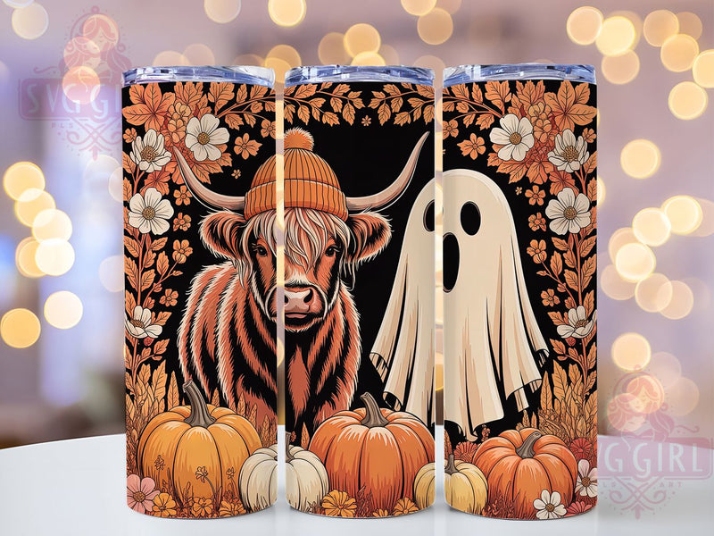 Spooky Highland Cow Pumpkin Ghost Tumbler, Ghost Cow Wrap, Fall Pumpkin Spice Design, 20Oz Skinny Tumbler, Halloween Cow Sublimation, Autumn Cow Drinkware, Cute Spooky Cow Tumbler Sublimation SvggirlplusArt 
