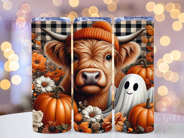 Spooky Highland Cow Pumpkin Ghost Tumbler, Ghost Cow Wrap, Fall Pumpkin Spice Design, 20Oz Skinny Tumbler, Halloween Cow Sublimation, Autumn Cow Drinkware, Cute Spooky Cow Tumbler Sublimation SvggirlplusArt 