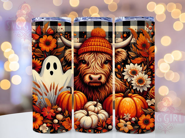 Spooky Highland Cow Pumpkin Ghost Tumbler, Ghost Cow Wrap, Fall Pumpkin Spice Design, 20Oz Skinny Tumbler, Halloween Cow Sublimation, Autumn Cow Drinkware, Cute Spooky Cow Tumbler Sublimation SvggirlplusArt 