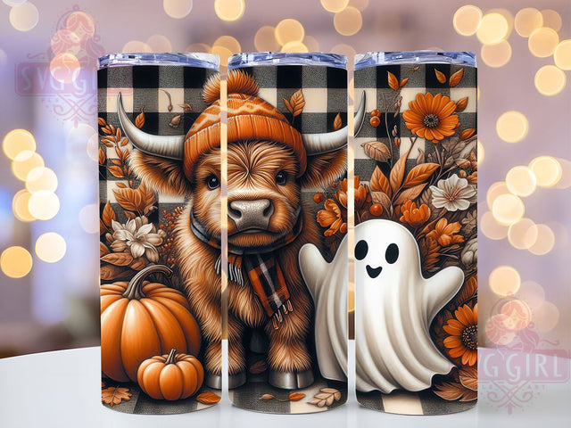 Spooky Highland Cow Pumpkin Ghost Tumbler, Ghost Cow Wrap, Fall Pumpkin Spice Design, 20Oz Skinny Tumbler, Halloween Cow Sublimation, Autumn Cow Drinkware, Cute Spooky Cow Tumbler Sublimation SvggirlplusArt 