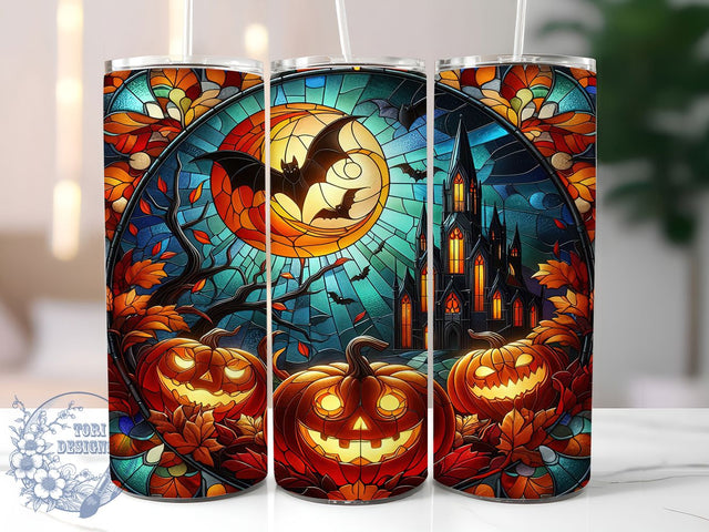 Spooky Jack-O-Lantern Tumbler, Stained Glass Wrap, 20Oz Sublimation Design, Halloween Pumpkin Cup, Insulated Fall Drinkware, Gothic Glass Tumbler, Spooky Lantern Wrap Sublimation ToriDesigns 