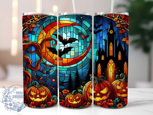 Spooky Jack-O-Lantern Tumbler, Stained Glass Wrap, 20Oz Sublimation Design, Halloween Pumpkin Cup, Insulated Fall Drinkware, Gothic Glass Tumbler, Spooky Lantern Wrap Sublimation ToriDesigns 