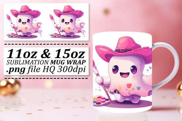 Spooky Pink Ghost Halloween Mug Wrap 11oz 15oz Sublimation Sublimation afrosvg 