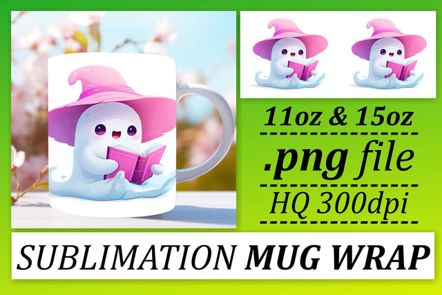 Spooky Pink Ghost Mug Wrap Sublimation for Halloween 11oz 15oz Sublimation afrosvg 