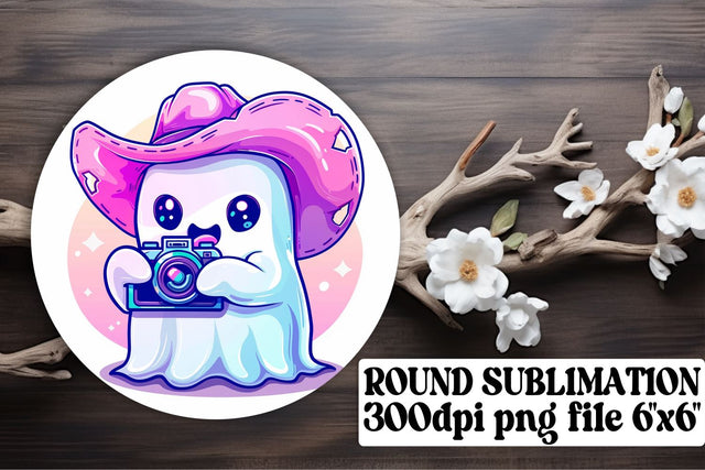 Spooky Pink Ghost Round Design Sublimation Keychain Halloween Sublimation afrosvg 