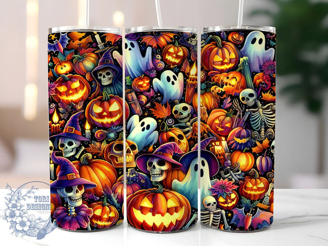 Spooky Season 20oz Skinny Tumbler, Cute Ghost with Pumpkin Drink and Beanie Tumbler Png, Straight & Tapered Tumbler Wrap, Instant Digital Download Sublimation ToriDesigns 