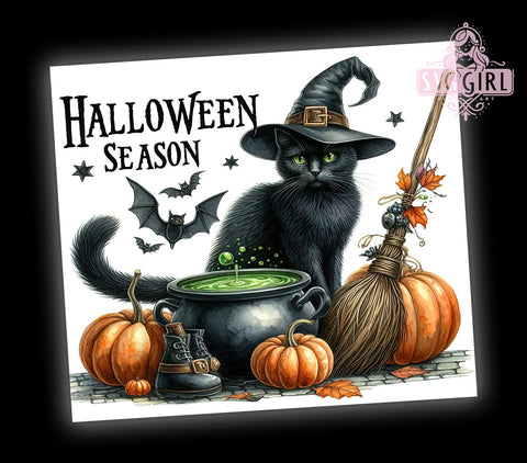 Spooky Season Cat 20oz Tumbler Wrap Sublimation Design, Straight Tapered Tumbler Wrap, Halloween Black Cat Tumbler Png, Instant Digital Download Sublimation SvggirlplusArt 