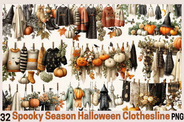 Spooky Season Halloween Clothesline PNG Clipart Bundle. Sublimation SVGArt 