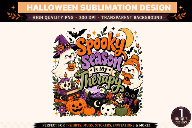 Spooky Season Is My Therapy Halloween PNG, Cute Ghosts with Witch Hat, Black Cat, Pumpkin Cauldron, Halloween Books, Purple Bows and Whimsical Spooky Sublimation Design Sublimation BlackCatsMedia 