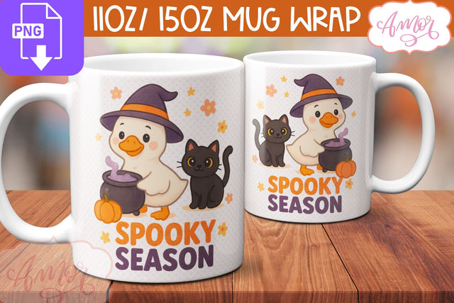 Spooky season mug wrap PNG, Cute Halloween duck and cat mug Sublimation Amorclipart 