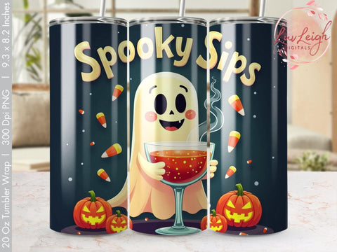 Spooky Sips Halloween Ghost Tumbler Wrap PNG Sublimation Luvleigh Digitals 