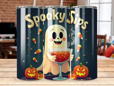 Spooky Sips Halloween Ghost Tumbler Wrap PNG Sublimation Luvleigh Digitals 