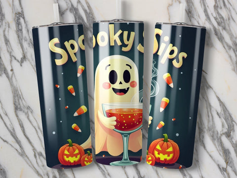 Spooky Sips Halloween Ghost Tumbler Wrap PNG Sublimation Luvleigh Digitals 
