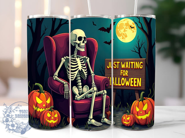 Spooky Skeleton 20oz Skinny Tumbler PNG, Just Waiting For Halloween Tumbler Sublimation Wrap, Straight & Tapered Tumbler Wrap, Instant Digital Download Sublimation ToriDesigns 