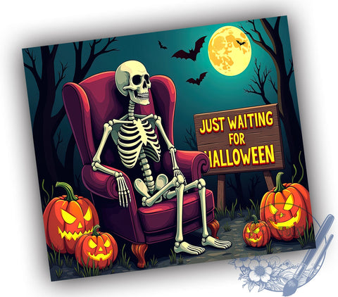 Spooky Skeleton 20oz Skinny Tumbler PNG, Just Waiting For Halloween Tumbler Sublimation Wrap, Straight & Tapered Tumbler Wrap, Instant Digital Download Sublimation ToriDesigns 