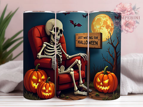Spooky Skeleton 20oz Tumbler Wrap PNG, Just Waiting For Halloween Tumbler PNG Sublimation Design, Straight & Tapered Tumbler Wrap, Instant Digital Download Sublimation Li Zamperini 
