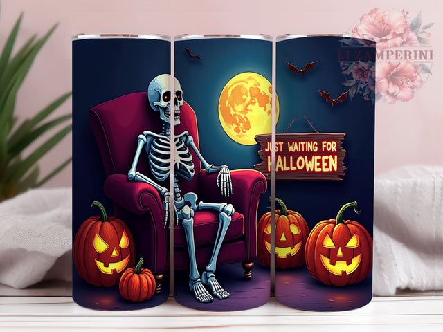 Spooky Skeleton 20oz Tumbler Wrap PNG, Just Waiting For Halloween Tumbler PNG Sublimation Design, Straight & Tapered Tumbler Wrap, Instant Digital Download Sublimation Li Zamperini 