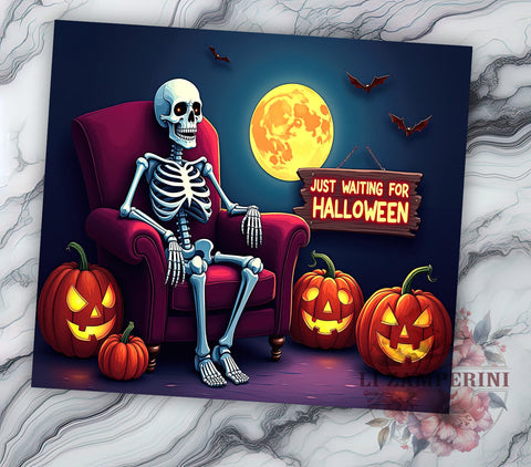 Spooky Skeleton 20oz Tumbler Wrap PNG, Just Waiting For Halloween Tumbler PNG Sublimation Design, Straight & Tapered Tumbler Wrap, Instant Digital Download Sublimation Li Zamperini 