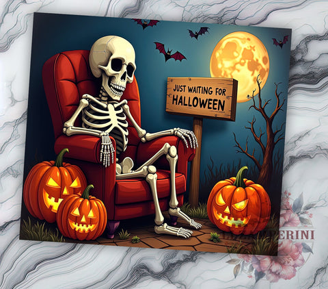 Spooky Skeleton 20oz Tumbler Wrap PNG, Just Waiting For Halloween Tumbler PNG Sublimation Design, Straight & Tapered Tumbler Wrap, Instant Digital Download Sublimation Li Zamperini 