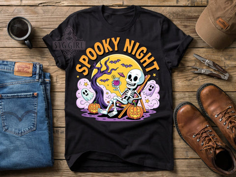 Spooky Skeleton Night T-Shirt PNG, Halloween Night, Dancing Bones, Creepy Vibes, Sublimation PNG, Holiday Shirt, Festive Design Sublimation SvggirlplusArt 
