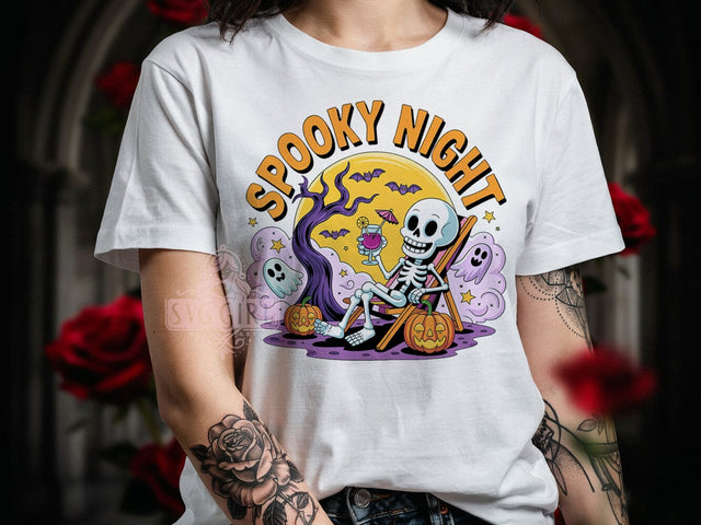 Spooky Skeleton Night T-Shirt PNG, Halloween Night, Dancing Bones, Creepy Vibes, Sublimation PNG, Holiday Shirt, Festive Design Sublimation SvggirlplusArt 