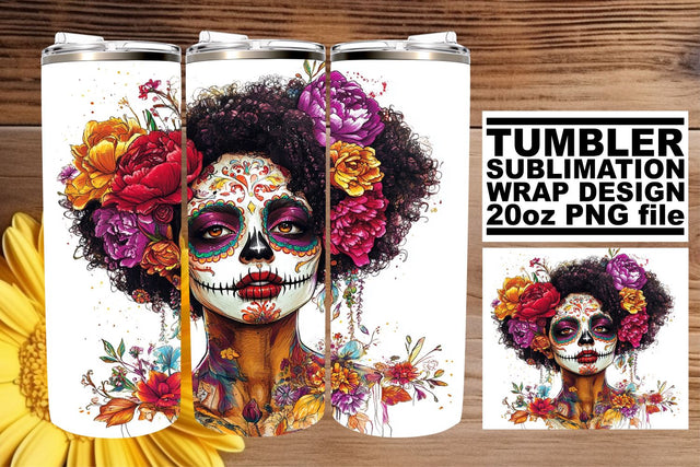 Spooky Sugar Skull Tumbler Wrap – 20oz Watercolor Sublimation afrosvg 