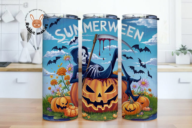 Spooky Summerween 20oz Skinny Tumbler Png, Cute Summer Halloween, Summerween, Skeleton Grim Reaper Sublimation Rabbitmakies 