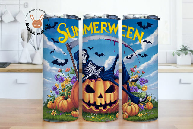 Spooky Summerween 20oz Skinny Tumbler Png, Cute Summer Halloween, Summerween, Skeleton Grim Reaper Sublimation Rabbitmakies 