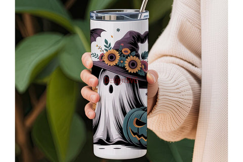 Spooky Sunflower Ghost Tumbler Wrap Sublimation DesignSVG 