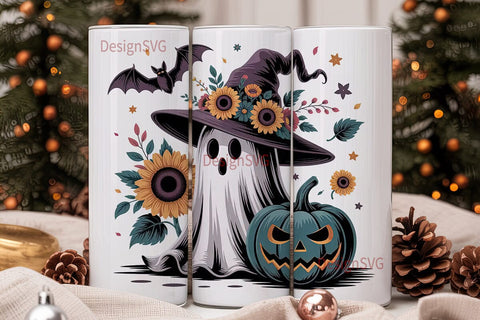 Spooky Sunflower Ghost Tumbler Wrap Sublimation DesignSVG 