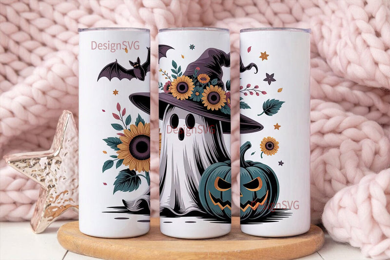 Spooky Sunflower Ghost Tumbler Wrap Sublimation DesignSVG 