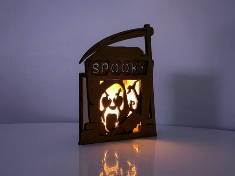 SPOOKY Tombstone Candle Holder SVG | Halloween Lantern Laser Cut File | Ghost Tea Light Box SVG LaserCutano 
