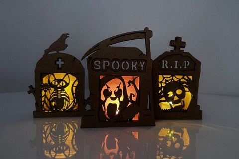 SPOOKY Tombstone Candle Holder SVG | Halloween Lantern Laser Cut File | Ghost Tea Light Box SVG LaserCutano 