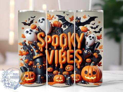 Spooky Vibes 20oz Skinny Tumbler PNG, Cute Ghost Tumbler Sublimation Wrap, Straight & Tapered Tumbler Wrap, Instant Digital Download Sublimation ToriDesigns 