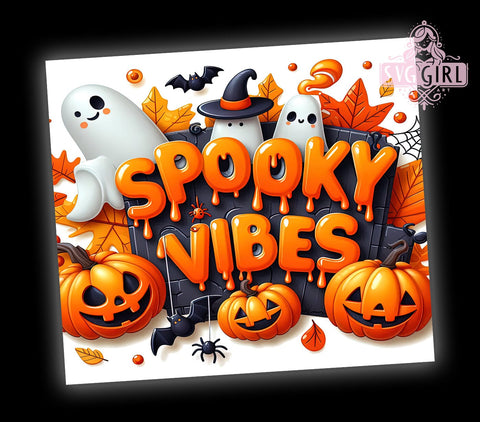 Spooky Vibes 20oz Tumbler Wrap Sublimation Design, Straight Tapered Tumbler Wrap, Halloween Ghost Tumbler Png, Instant Digital Download Sublimation SvggirlplusArt 