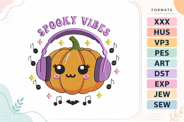 Spooky Vibes Pumpkin with Headphones Halloween Embroidery Design Embroidery/Applique DESIGNS sg embroidery 