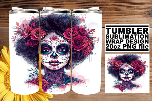 Spooky Watercolor Calavera Tumbler – 20oz Sublimation Sublimation afrosvg 