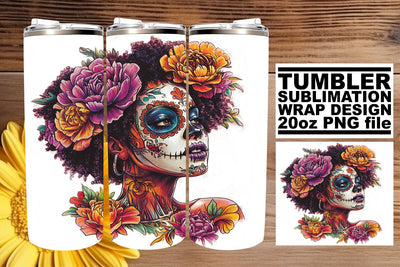 Spooky Watercolor Day of the Dead Tumbler – 20oz Art Sublimation afrosvg 