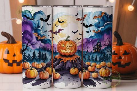 Spooky Watercolor Night Pumpkin Tumbler Sublimation PixelChick 