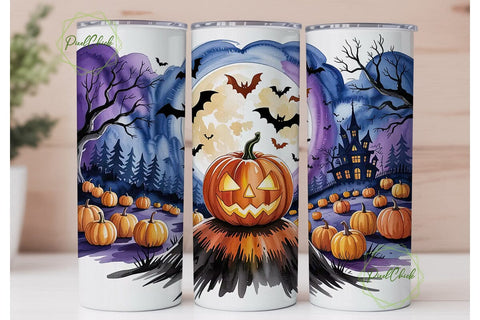Spooky Watercolor Night Pumpkin Tumbler Sublimation PixelChick 