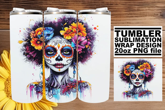 Spooky Watercolor Skull Woman – 20oz Tumbler Design Sublimation afrosvg 