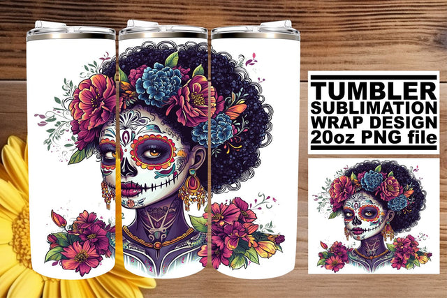 Spooky Watercolor Sugar Skull – 20oz Tumbler Design Sublimation afrosvg 