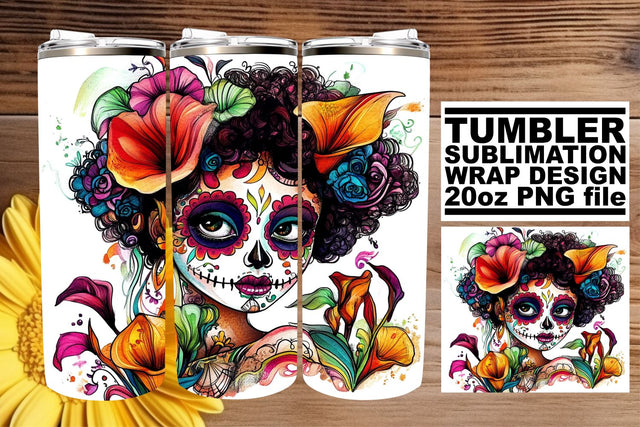 Spooky Watercolor Sugar Skull Tumbler – 20oz Wrap Sublimation afrosvg 