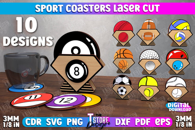 Sport Coasters Bundle | Personalized Coasters | Sport Fans | Stand for Coasters | CNC Files SVG The T Store Design 