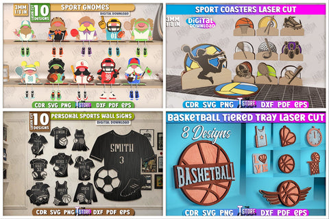 Sport Mega Bundle Laser Cut | Personalized Sport Jerseys SVG | Sport Coasters | Split Monograms | Football | Tennis | Soccer | Baseball | Basketball SVG The T Store Design 