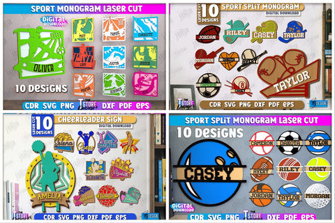 Sport Mega Bundle Laser Cut | Personalized Sport Jerseys SVG | Sport Coasters | Split Monograms | Football | Tennis | Soccer | Baseball | Basketball SVG The T Store Design 