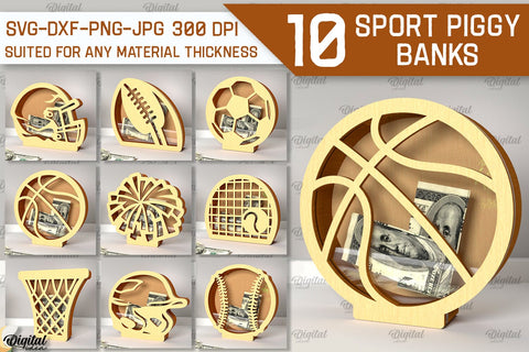 Sport Piggy Banks Laser Cut Bundle. Wooden Money Banks SVG SVG Evgenyia Guschina 